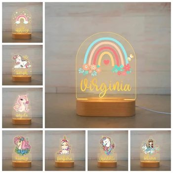 Персонализирани Rainbow Unicorn LED USB лека нощ С Потребителски Име, Акрилна Лампа, Дървена Рамка за Малки Момичета, Де...