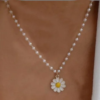 Мода kpop прост медальон маргаритка перлена дамско колие веригата на врата му естетически аксесоари дамски бижута подарък за рожден ден