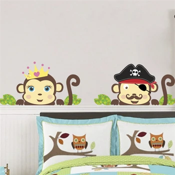 Сладък Маймуни Обличам Пиратски Стикери За Стена За Детска Стая, Спалня, Декориране на Дома, направи си Сам, Стенописи С Животни, Художествени Стикери От PVC
