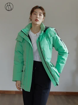 DUSHU Дамски зимни зелено яке-пуховик с множество джобове, директни якета с подплата, женски лилава палто, шапка, Свалящ се