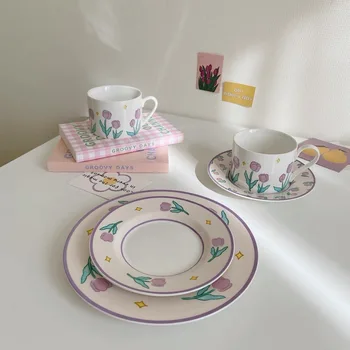 Лале Керамични Чашка и Чинийка Костюм Кафе Чай с Мляко за Десерт С Чиния Цвете, Ръчно рисувани Креативна Посуда Кухненски Подарък