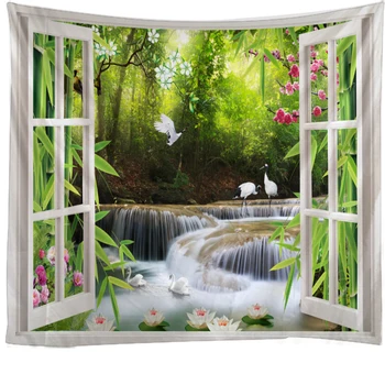 3D прозореца красиви пейзажи гоблен стенен зелени бамбукови гори водопад гоблен gng плат спалня хол хотел