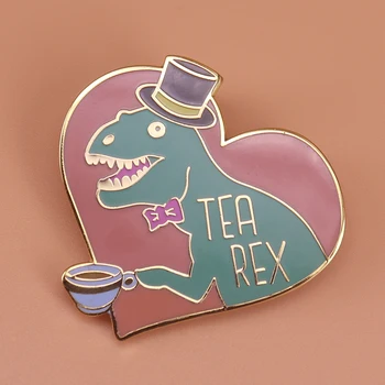 Чай рекс емайл на жени джентълмен динозавър брошка творчески лък цилиндър шапка Тираннозавры игли сладък арт иконата забавен подарък любовник чай