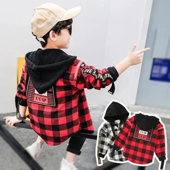 INS/ Популярни улични якета за момчета от 3 до 13 години, пролетно-есенна яке в корейски стил, клетчатая риза с качулка за момчета, детско палто с писмото принтом