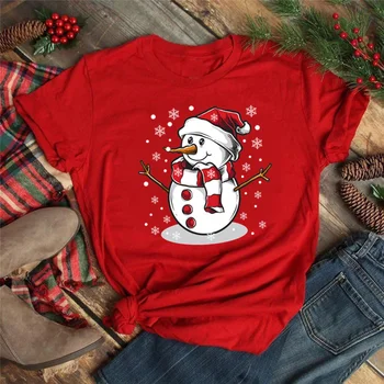 Сладка Тениска с образа на Снежния Човек, Тениска с весела Коледа, Нова Дамска тениска, Коледна тениска, Ежедневни дамски Червени тениски