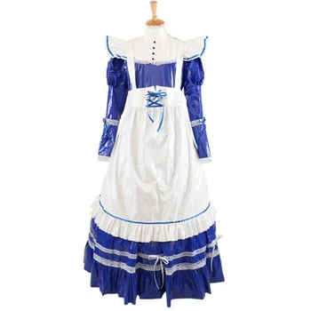 Горещи продажба синьо и бяло сиси момиче, прислужница на PVC запирающееся рокля ролева игра костюм по поръчка