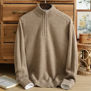 Мъж дебел, 100% вълнен пуловер на средна възраст от чист кашмир, зимен пуловер с висока яка, цип, наполовина висока яка, безплатен топъл вязаный пуловер за почивка