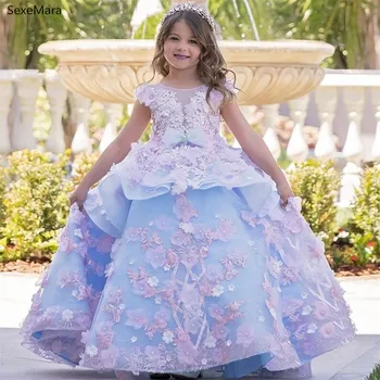 Приказно Синя Бална Рокля С Цветя Модел За Момичета Рокли Принцеса Дантелени Апликации От Скъпоценни Камъни На Шията Рокли За Деца На Рожден Ден