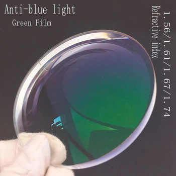 Анти-Синя светло зелено фолио Прозрачни Лещи, Предписани 75 см 1,56 1,61 1,67 1,74 рефракционная Късогледство Далекогледство Тънки Лещи HMC