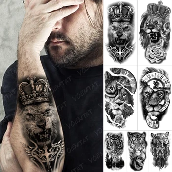 Короната Лъв Кръст Временни Татуировки За Мъже Жени Тигър Демон Роза Гора Фалшиви Татуировки Ръка На Бедрото Половината Ръкав Татуировки Етикети