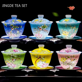 Обилна Керамика Цвят на Емайла Гайвань Традицията на Ръчно изработени Чаена Чаша Домакински с Капак Чаена Чаша Чайник Индивидуален Чай Подаръци