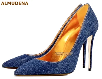 ALMUDENA/сини дънкови модела обувки без закопчалка на висок ток 12 см, 10 см, 8 см, дънкови обувки с остри пръсти, ежедневни красиви обувки-лодки, размер 45
