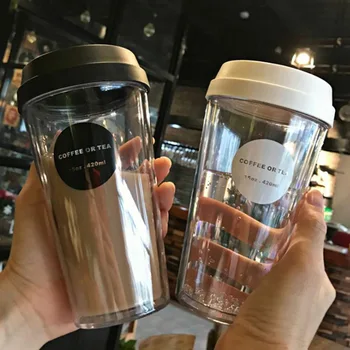 Двупластова пластмасова чаша за кафе, прозрачна млечни чаша с капак, преносим чаша с висока температура и устойчивост на падане