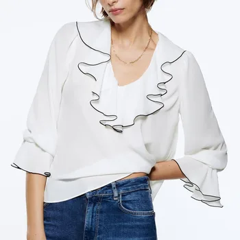  пролетно нова дамски бяло сладко ламиниран декоративна риза 