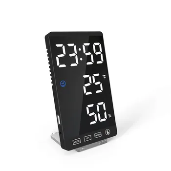 6-Инчов Огледален LED Алармен часовник Със Сензорен Бутон, Цифрови Led Часовник, Време, Температура, Влажност на въздуха, Дисплей С USB-Кабел, Настолни Часовници