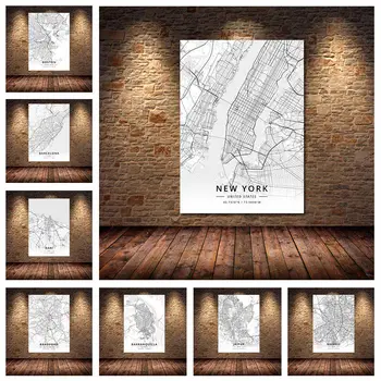 Бостън Истанбул, Мадрид Сан Франциско-Сеул Ню Йорк Карти На Града Платно Живопис Реколта Крафт-Плакати С Покритие От Артистични Щампи Начало Декор