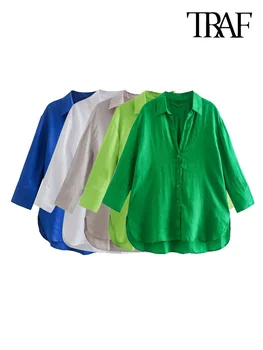 ТРАФИКА на Дамска Мода Със Странични Отвори Асиметрични Ленени Ризи Реколта С Дълъг Ръкав И Копчета в Предната част Дамски Блузи Шик Върховете