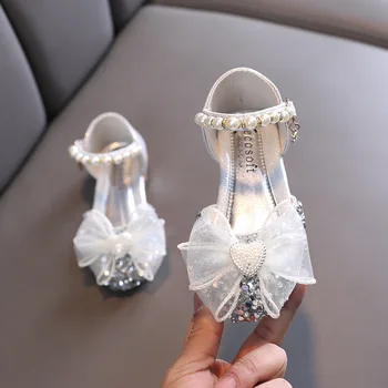 AINYFU/Летни сандали на равна подметка за момичета; Модни детски Сандали Принцеса свързани с Лък и пайети; детски вечерни сватбени обувки с перли