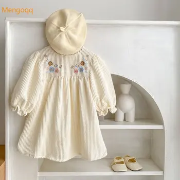 Mengoqq/ Пълнозърнести вечерни рокли трапецовидна форма, с пищни ръкави и с бродерия в формата на цветя, детски дрехи, дрехи за момиченца от 3 до 4 години