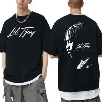 Рапърът Lil Tjay Destined 2 Win Двустранен Тениска с Принтом Мъжки Черен Памучен Мъжка Тениска Дамска Мода Извънгабаритни Тениски в стил хип-хоп