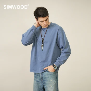 SIMWOOD 2022 Есен-Зима на Нови Тъмни Измити Реколта тениски С Дълъг ръкав за Мъже 100% Памук Свободен Стил С бродерия на Логото на Върховете
