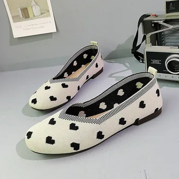 Дамски летни обувки във формата на сърце, вълна от Нова Лукс, вязаная обувки на плоска подметка с остри пръсти, дамски обувки, без закопчалка, леки прости лоферы за шофиране