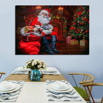 Картина Върху Платно Дядо Забавна Коледна Елха Фонове Зимата Подарък-Дядо Коледа Лък Камбанка Декорация На Дома, За Подарък, Без Рамка