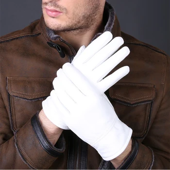 Модерен Мъжки и Женски Висококачествени Зимни Топли Бели Церемониални Къси Ръкавици От Естествена Кожа, Ръкавици Полиция