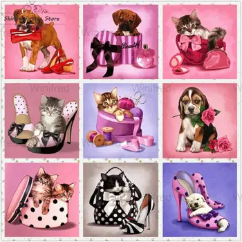 Направи си САМ 5D Диамантена Живопис Карикатура на Куче, Котка Комплекти за Пълен Квадратен Кръг Акрилни Диамант Бродерия Розово Домашен Любимец Подарък Мозайка Занаяти
