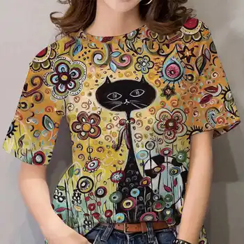 Летни тениски За жени 3D Принт Сладък Котка Къс Ръкав Топ 2022 Мода Harajuku Kawaii Животни Тениска Големи Свободни Y2k Облекло