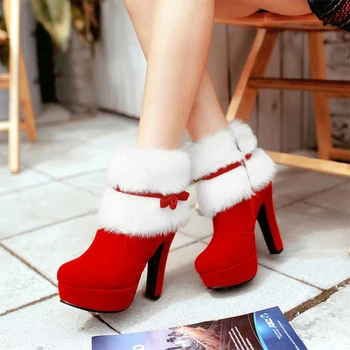 Зимни дамски обувки; Коледни Ботильоны; Дамски обувки на висок ток; Дамски Топли Полусапожки; botas de mujer; цвят Черен, Червен; Големи Размери 35-43