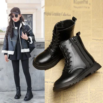 Шик обувки Tide за момичета Черен цвят с цип, Топли Памучни Модни Детски Тънки Обувки, Училищни обувки в британския стил, Есен-Зима 27-37