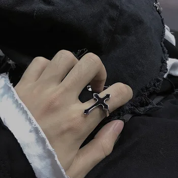 Harajuku Винтажное Черно Отворен Пръстен, с Голям Кръст, за Жени, Вечерни Бижута, Мъжки Модерен Готически Метални Цветни Пръстени на Палеца на Едро