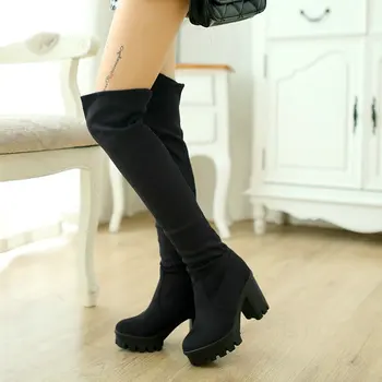 Дамски ботфорты над коляното на платформа и Висок Квадратен Ток от Флока, Модни Еластични обувки Без закопчалка, есенно-зимни дамски обувки, цвят Черен, Кафяв