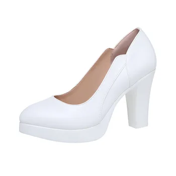 По-големи размери 32-43, бели, червени Сватбени обувки на блок обувки, дамски обувки-лодки, Есенни обувки на висок ток 2022 г., на Жените Офис Работна Обувки