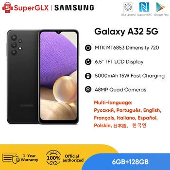 Оригинален смартфон Samsung Galaxy A32 5G MediaTek MT6853 Dimensity 720 Батерия 5000mAh 15 Вата Бързо Зареждане на 48MP Quad Камери Телефон