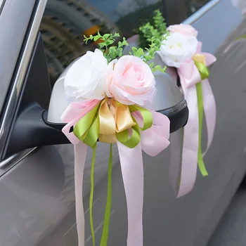 Изкуствена Коприна Рози Цветя Евкалипт Лък Огледало За Обратно Виждане Сватбена Украса За Кола Сватбени Аксесоари 2023
