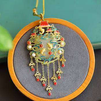 Златно покритие естествен Hotan нефрит геометричен шаран перлена огърлица с висулка, изискана благородна елегантност китайски стил дамски сребърни бижута