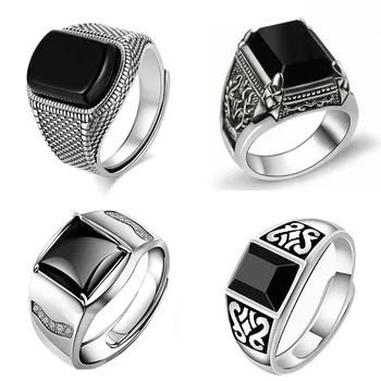Ново сребърно напредък творческа геометрично инкрустированное диаманти черно агатовое ценно мъжко бельо властное преувеличени регулируем пръстен
