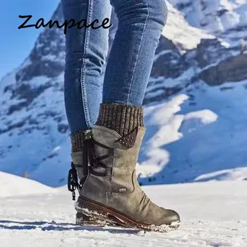 Зима 2019 г., нови дамски обувки големи размери 40-43, обувки до средата на прасците, модни топли зимни ботуши в ковбойском стил, зимни обувки дантела