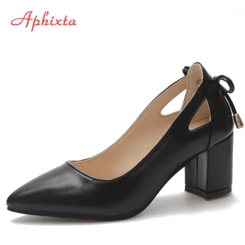 Aphixta/дамски Обувки; обувки-лодка на Високо Квадратен ток с остър пръсти За Сватбени партита; обувки Derss От Лачена Кожа и Велур; Големи Размери 44; Класически Обувки-лодка
