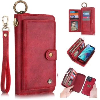 Чанта-портфейл за iPhone 13 Pro Max 12 Mini 11, Подвижна Каишка за Китката с цип, Портфейл За Карти от Изкуствена Кожа, Магнитна Капачка Телефон
