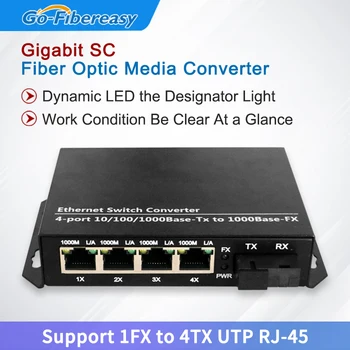 Оптичен конвертор 10/100/1000base-Tx/Fx оптичен комутатор SC 4-Портов rj-45 Конектор Gigabit Ethernet Медиаконвертер
