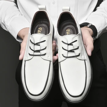 Нова Мъжки Обувки Ръчна изработка от Естествена Кожа, Ежедневни Брандираната Мъжки Обувки-Оксфорд За Мъже, Висококачествени Бели Сватбени Обувки, Кожени Мъжки Обувки