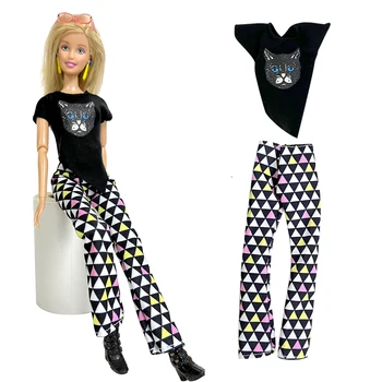 Официален NK, 1 Комплект, модни нерегулярная супер сладка тениска с черна котка и цветни панталони в художествен стил За Барби Кукли 1/6, Аксесоари