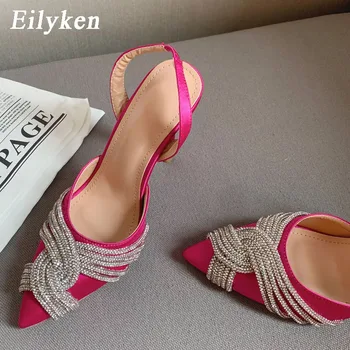 Eilyken блясък на кристали копринени женски помпи мода Crystal сатен Пролет високи токчета сандали сандали партия обувки за бала 