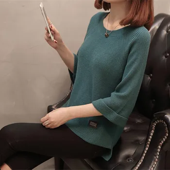 Началото на есента, нова корейска дамски дрехи 2019, свободен модерен топ, пуловер със средния ръкав, тънки трикотажни управление, модни