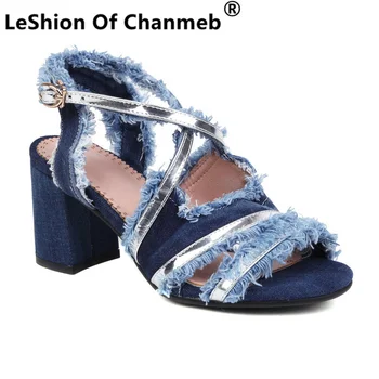 LeShion Of Chanmeb/ размери 33-43; женски сини дънкови сандали с преминаването каишка и ресни и пискюли; дънкови Сандали На Висок Квадратен ток; лятна дамски обувки