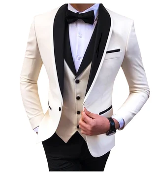 Бели Мъжки костюми с цепка, 3 предмет, Черен шал с ревери, Ежедневни смокинги Булката за Сватбата, Костюми на Младоженеца, Мъжки 2021 (Блейзър + жилетка + панталони)