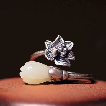 Натурален Hotan цвете магнолия и лотос отваряне регулируема халка китайски стил ретро бохемски елегантен чар сребърни бижута